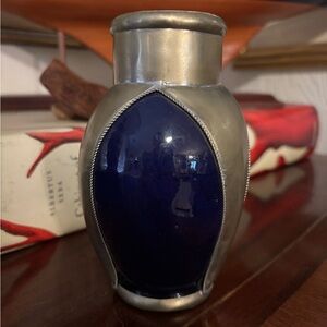 Cobalt Blue Glazed Terracotta Moroccan Vase with metal decoration